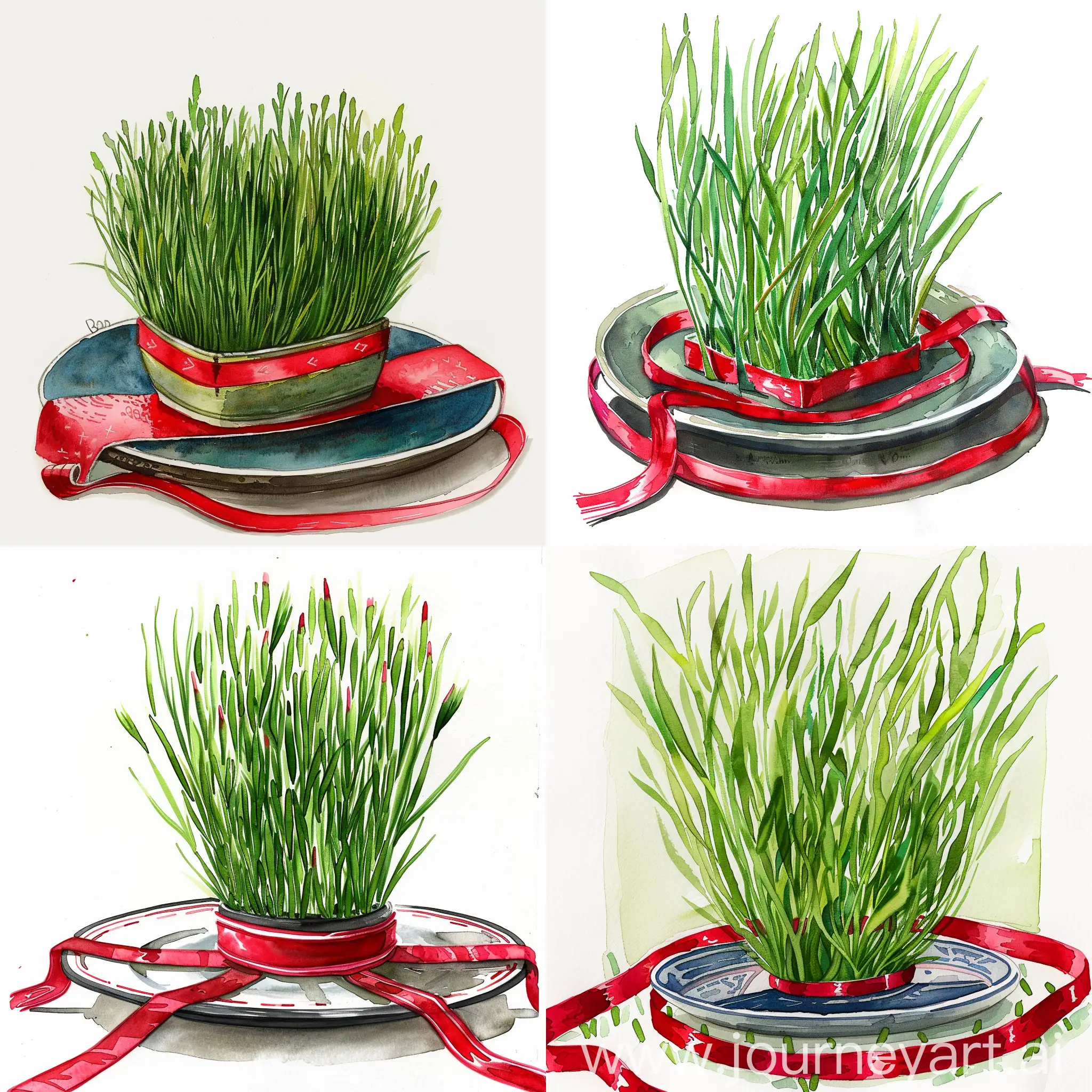 draw a watercolor of sumalak (the green grass prepared for Navruz holiday in Tajikstan) grown on a plate and there should be a red satin tape around it