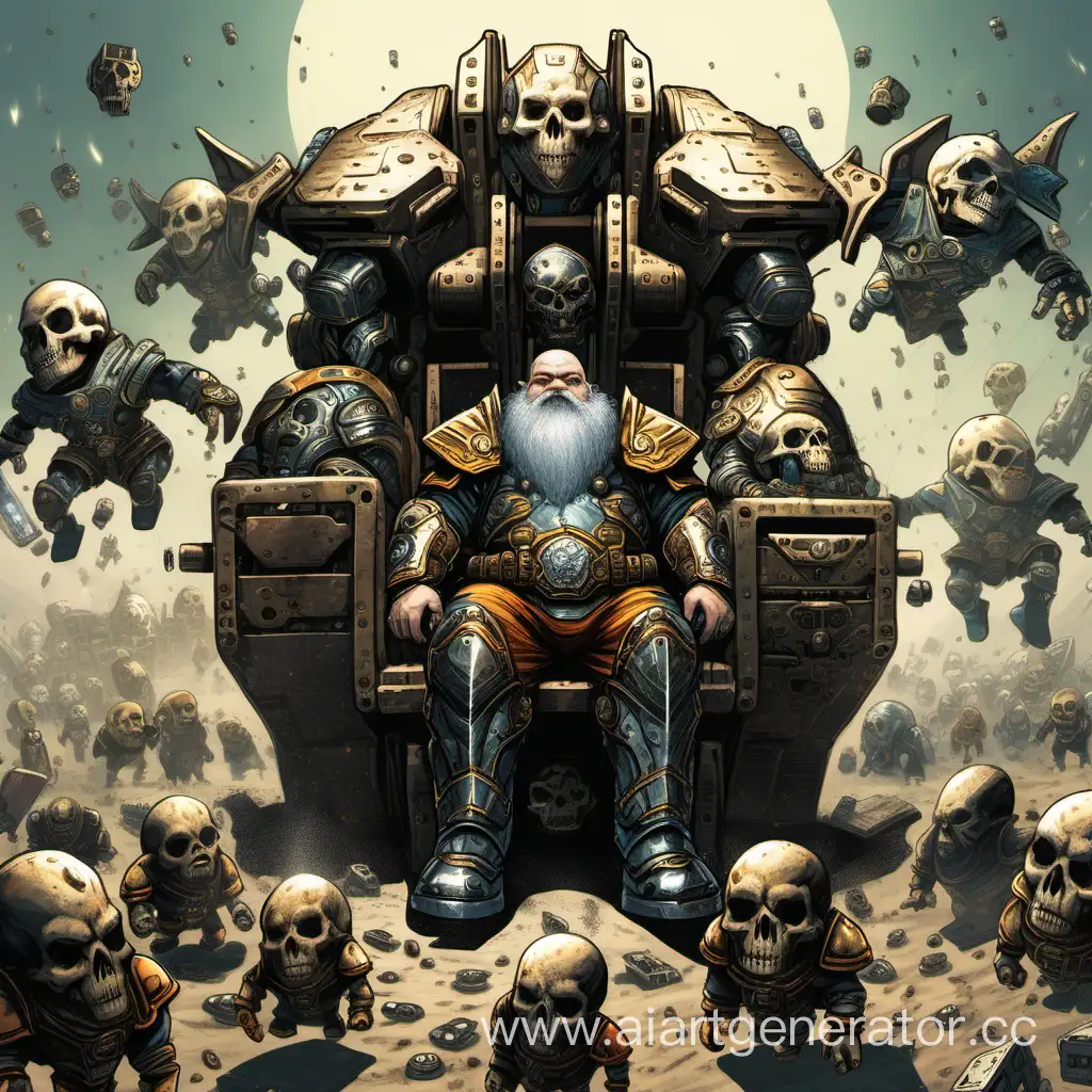 Futuristic-Dwarf-Inventor-with-Flying-Chair-and-Golems-amid-Skullstrewn-Terrain