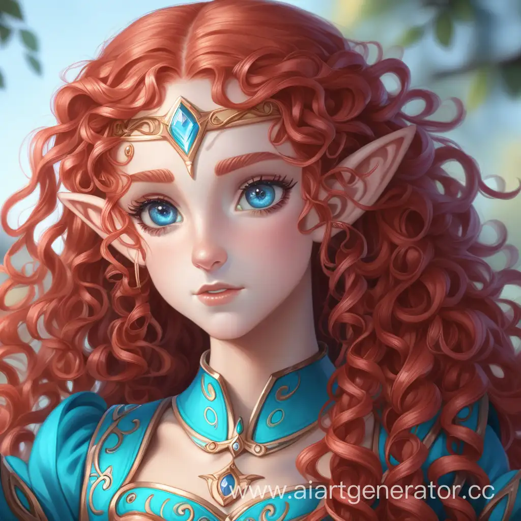 девушка эльфийка с длинными кудрявыми  рыжими волосами и синими глазами