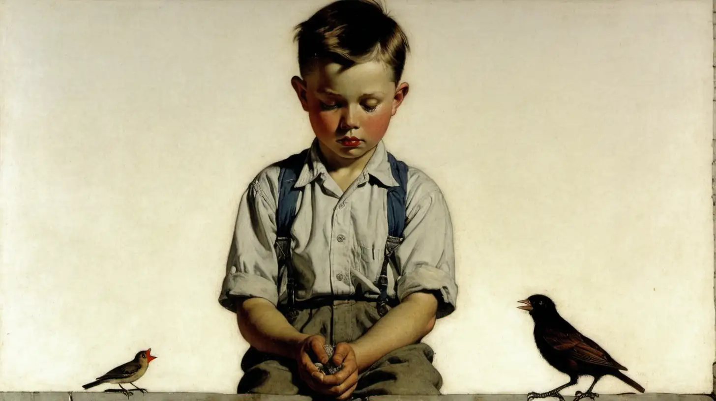 Curious Boy and Playful Small Bird by Rockwell