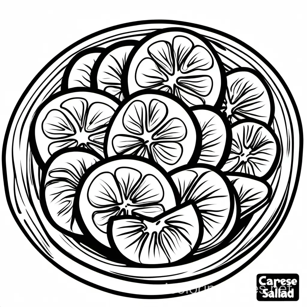Caprese salad bold ligne and easy , Coloring Page, black and white, line art, white background, Simplicity, Ample White Space. The background of the coloring page is plain white to make it easy for young children to color within the lines. The outlines of all the subjects are easy to distinguish, making it simple for kids to color without too much difficulty