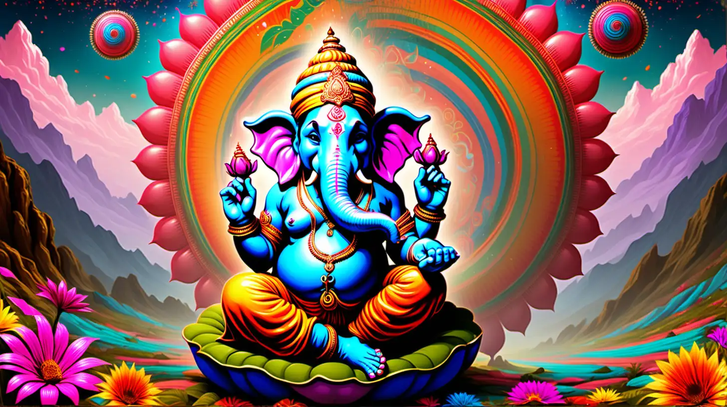 God Ganesh sitting in a psychedelic, colorful landscape with surreal, oversized flowers --ar 16:9 --v 6.0