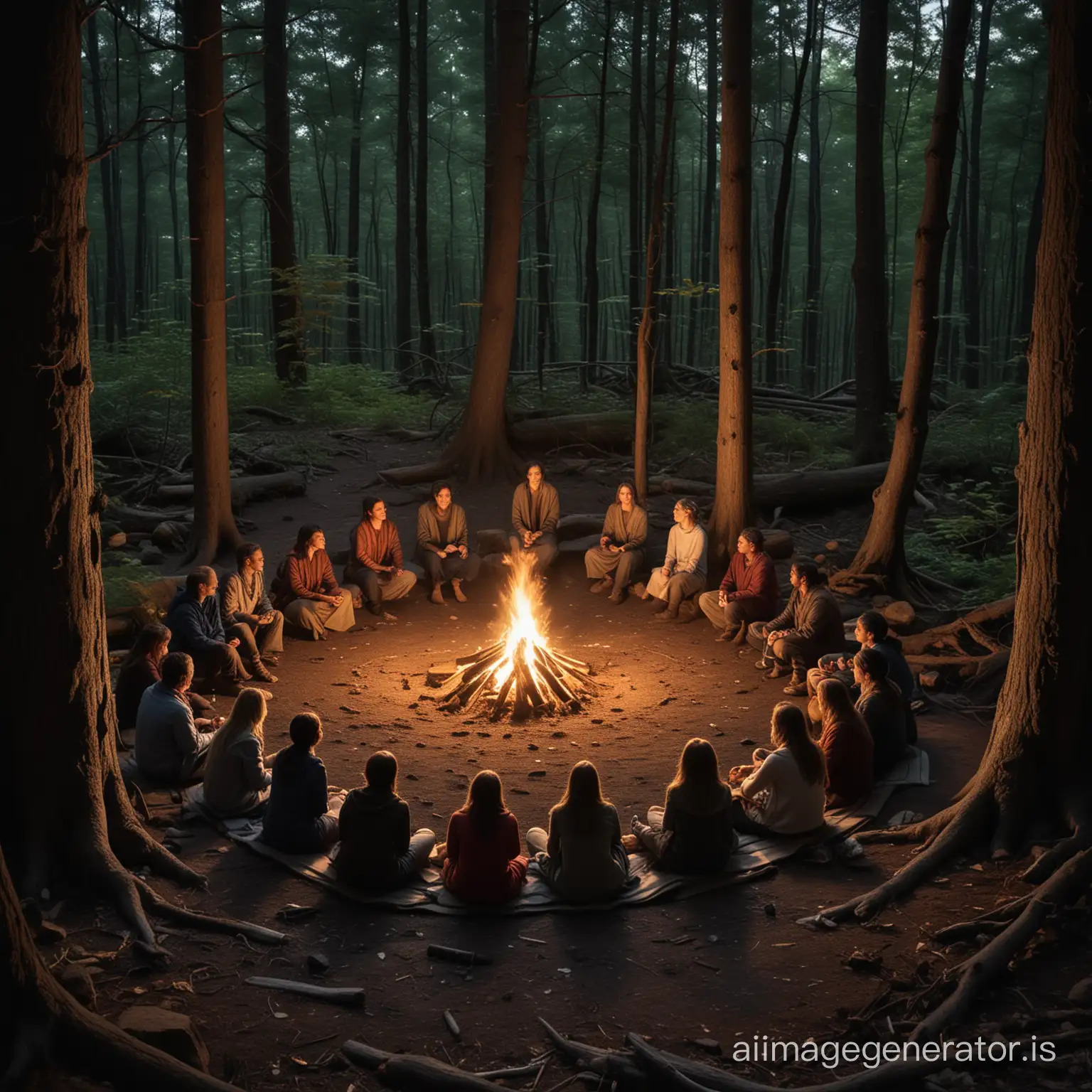 Certainly! Here's a comprehensive prompt that integrates all the previous prompt points into one big visual:  "Generate an intricate tapestry of interconnected scenes: at the heart of a vibrant forest, a diverse group of people gathers around a central campfire, engaging in deep communication with themselves and each other, while a figure meditates nearby, surrounded by swirling patterns emanating from their center. In the sky above, stars form a constellation shaped like a heart, shining brightly as symbols of belief and intuition. Alongside the campfire, a figure holds scales representing justice, while others engage in critical thinking, expressing their creativity through self-expression and devotion to the existential right of belonging and responsibility. Surrounding the scene, roots spread deep into the earth, symbolizing solidarity and the transformation of survival to potential, as figures forge paths through the forest, embodying proactivity and strategies both macro and micro. This intricate visual masterpiece captures the essence of each concept, weaving them together into a unified tapestry of human experience and connection."c