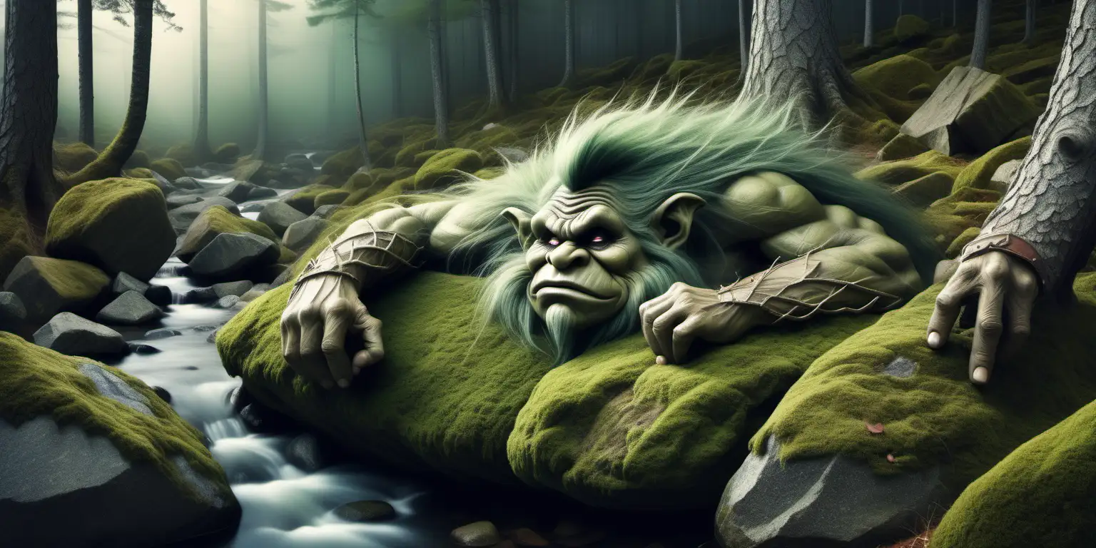 Peaceful Folklore Troll Nap in Ancient Norwegian Pine Tree Forest