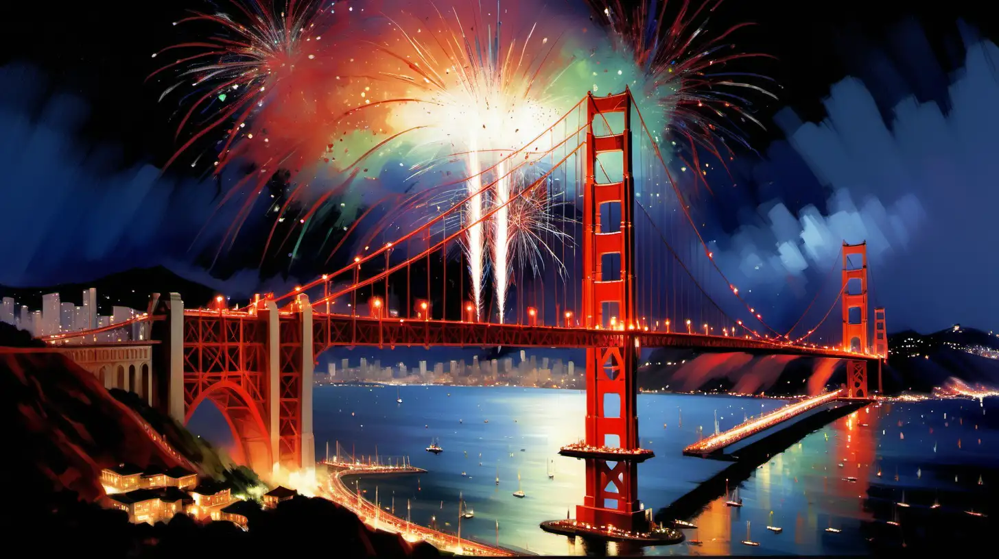 New Year's Eve fireworks over the famous Golden Gate bridge at night, jubilant, breathtaking, dynamic and stunning painting in the style of Kevin Macpherson and Brent Heighton, vibrant colors, high contrast, painting winning award --style raw --no fire on the bridge --s 400