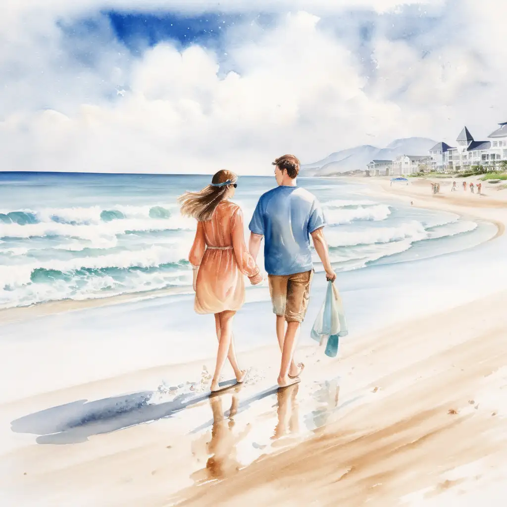 Romantic Watercolor Painting of a Couple Strolling Along the Beach