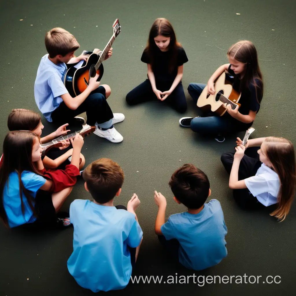 Evening-School-Jam-Boys-and-Girls-Playing-Guitar-in-a-Circle