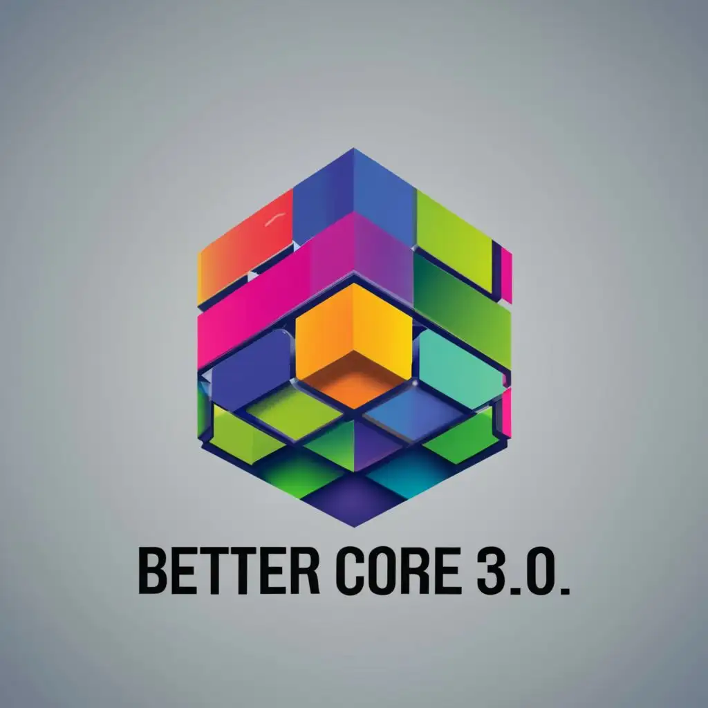 logo, 3d cube made of small cubes some of them in different color, with the text "Better Core 3.0" under the cube, typography, be used in Technology industry