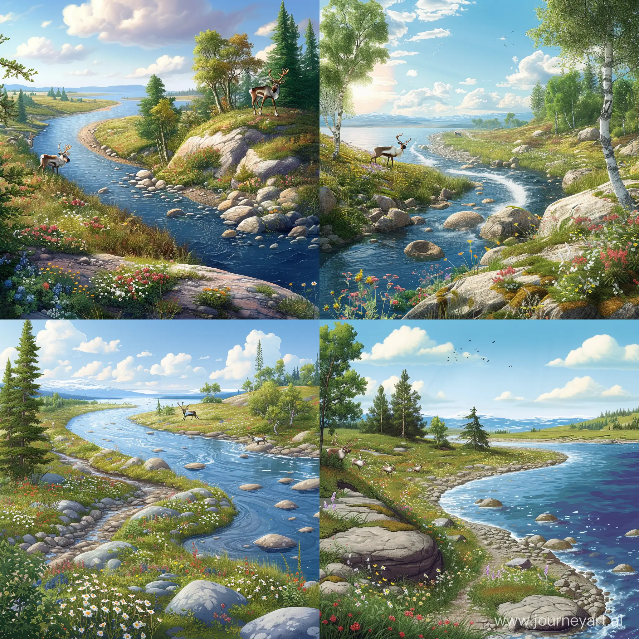 a beautiful panorama landscape in the style of Disney cartoons, a winding river, rocky shores that become rocks on which wildflowers grow, birch grass, fir trees, bluish hills are visible in the distance, the sun is shining and there are clouds, reindeer graze on the shore