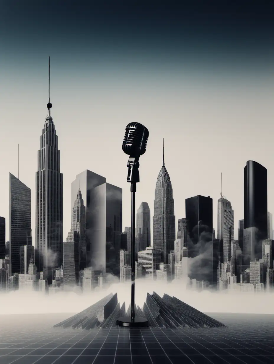  A collage that includes elements like a corporate skyline, a microphone, and subtle imagery of sound waves or audio equipment. 