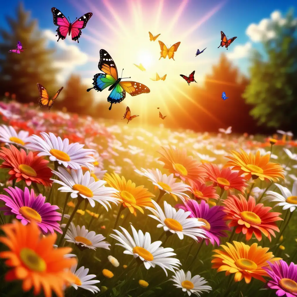 Vibrant Multicolor Daisies and Butterflies Under the Summer Sun