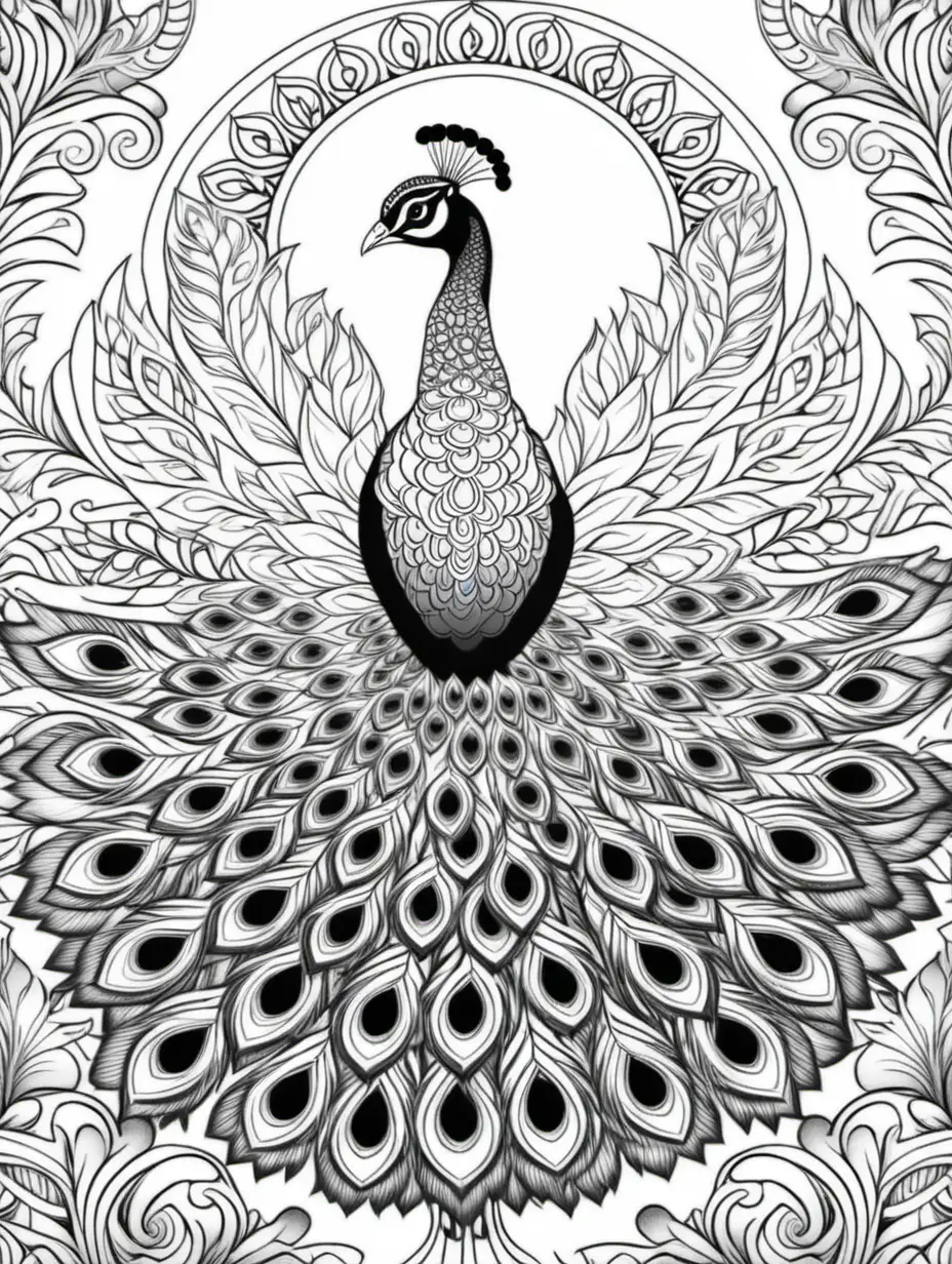 Adult coloring book, peacock, mandala, black and white, high detail, no shading