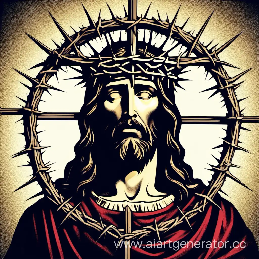 Jesus Christ in a crown of thorns in Gothic style looks straight ahead