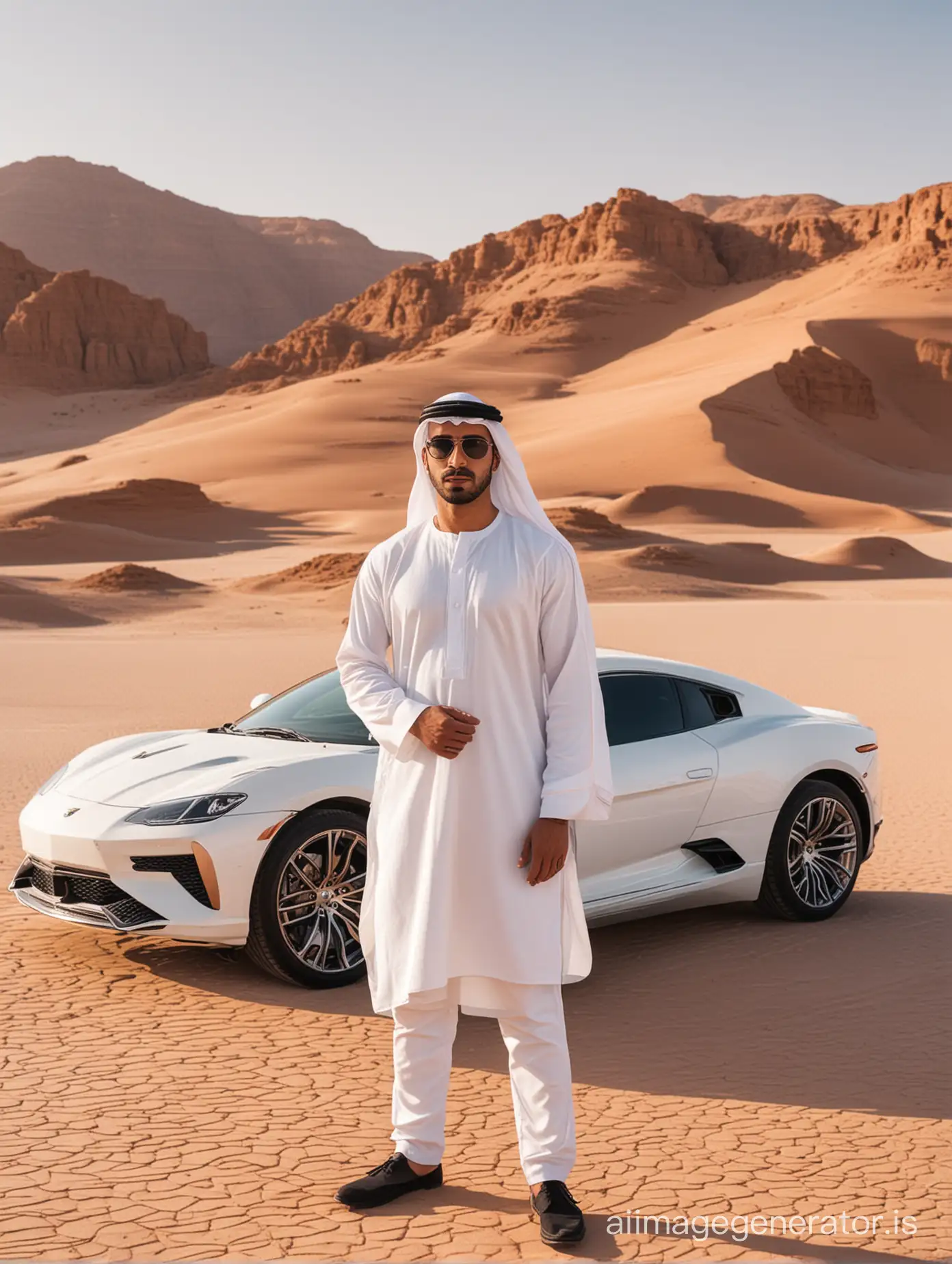 Elegant-Arabic-Gentleman-Posing-with-Luxury-Vehicle-Amidst-Majestic-Desert-Landscape