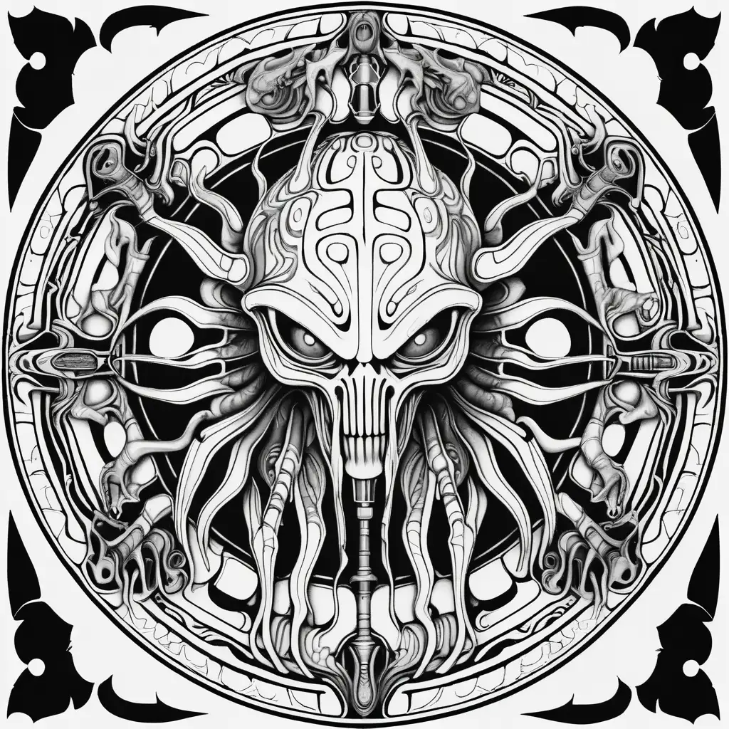 Coloring book image. Black and white only. Symmetrical and balanced mandala with disgusting slimy, dripping light saber in style of H.R Giger. Clean and clear outlines that allow for easy coloring. Ensure the design provides ample space for creativity and coloring.