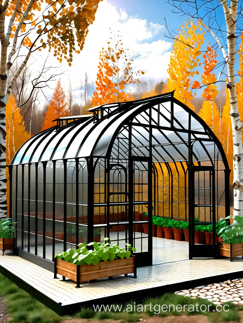 Rustic-Iron-Arch-Greenhouse-with-Harvest-Amidst-Birch-Trees