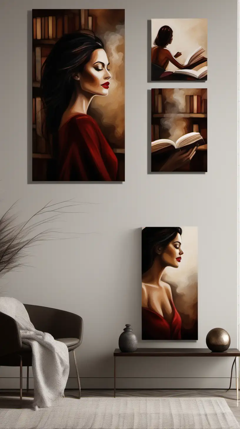 3 PIECE WALL ART Capture the ABSTRACT beauty of A DARK HAIRED, RED LIP women AND A MAN WHO ADORES HER IN A MASCULINE ENERGY enjoying a serene morning by a cozy fireplace, surrounded by books and warm earth tones. Create a detailed and comforting scene that highlights shared moments of relaxation and introspection AND FADE INTO PEACE AND DREAMS