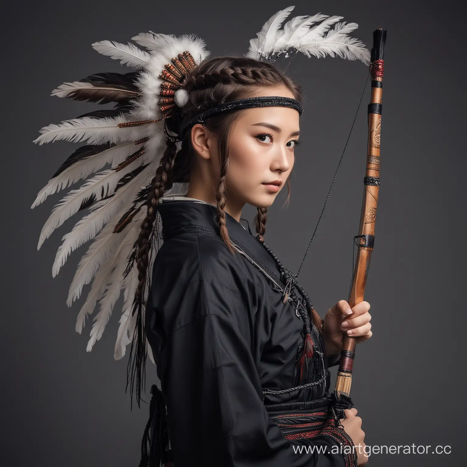 Japanese-Archeress-in-Traditional-Attire-with-Feathered-Braids