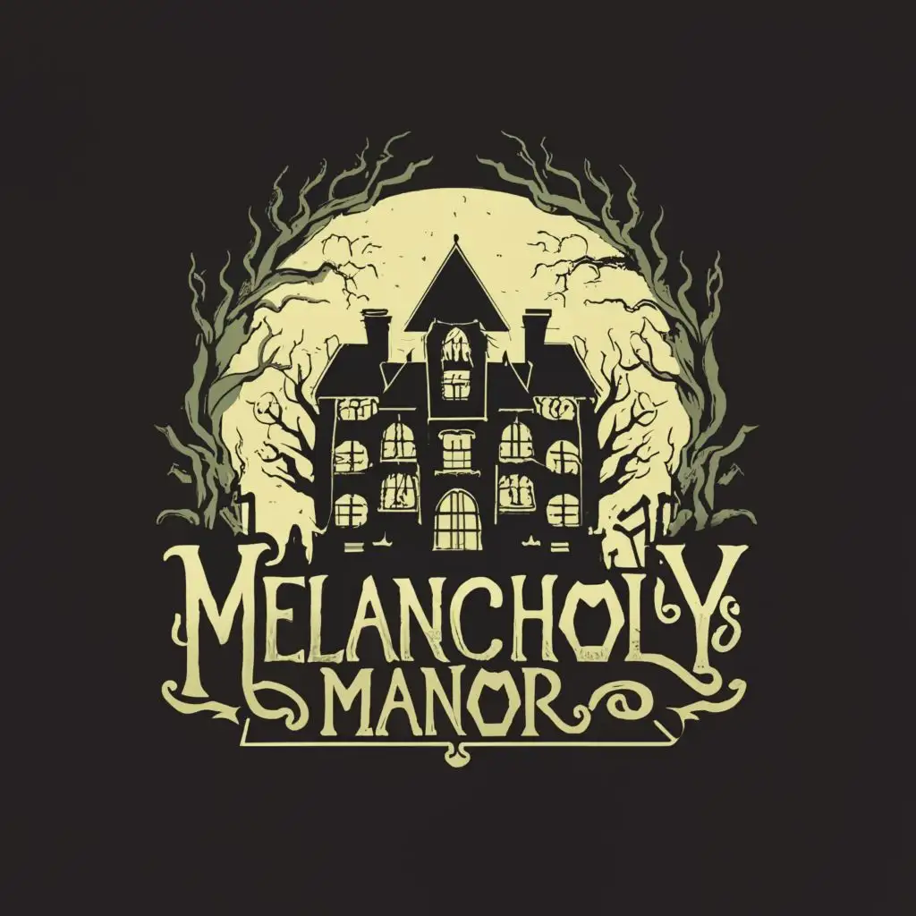 a logo design,with the text "Melancholy Manor", main symbol:Haunted House & graveyard,complex,clear background