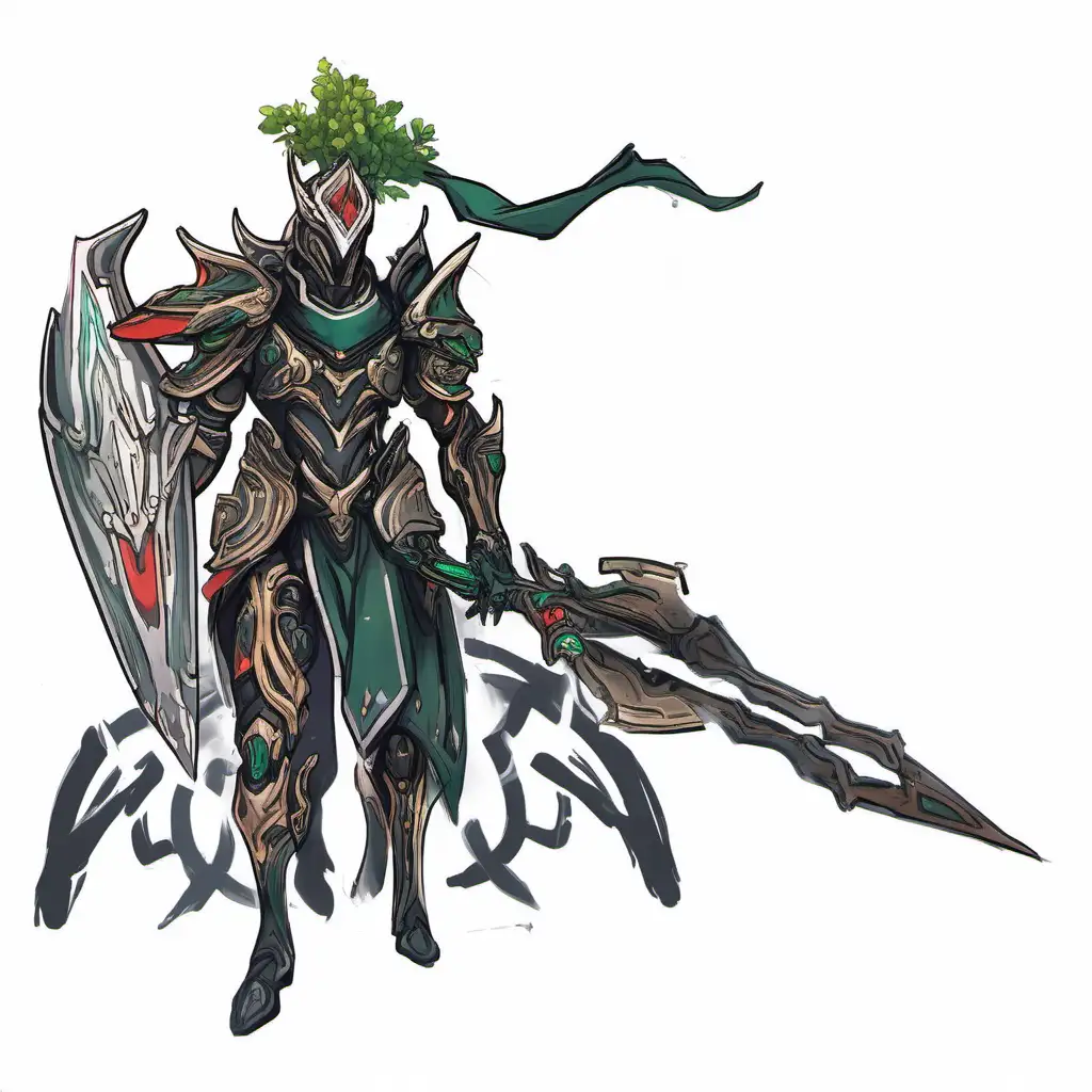 Elden ring style Erdtree tree sentinel With black gold and red armor, with green emerald glowing jewels with a knight in shining armor with tree's sprouting from shoulders with a biomechanical living tree themed armor growing suit borg warframe style amor and a living sword and a living shield mutated shield on his right arm in the style of a character concept art only black and white linework in a style similiar to kroniksempai's warframe concept art