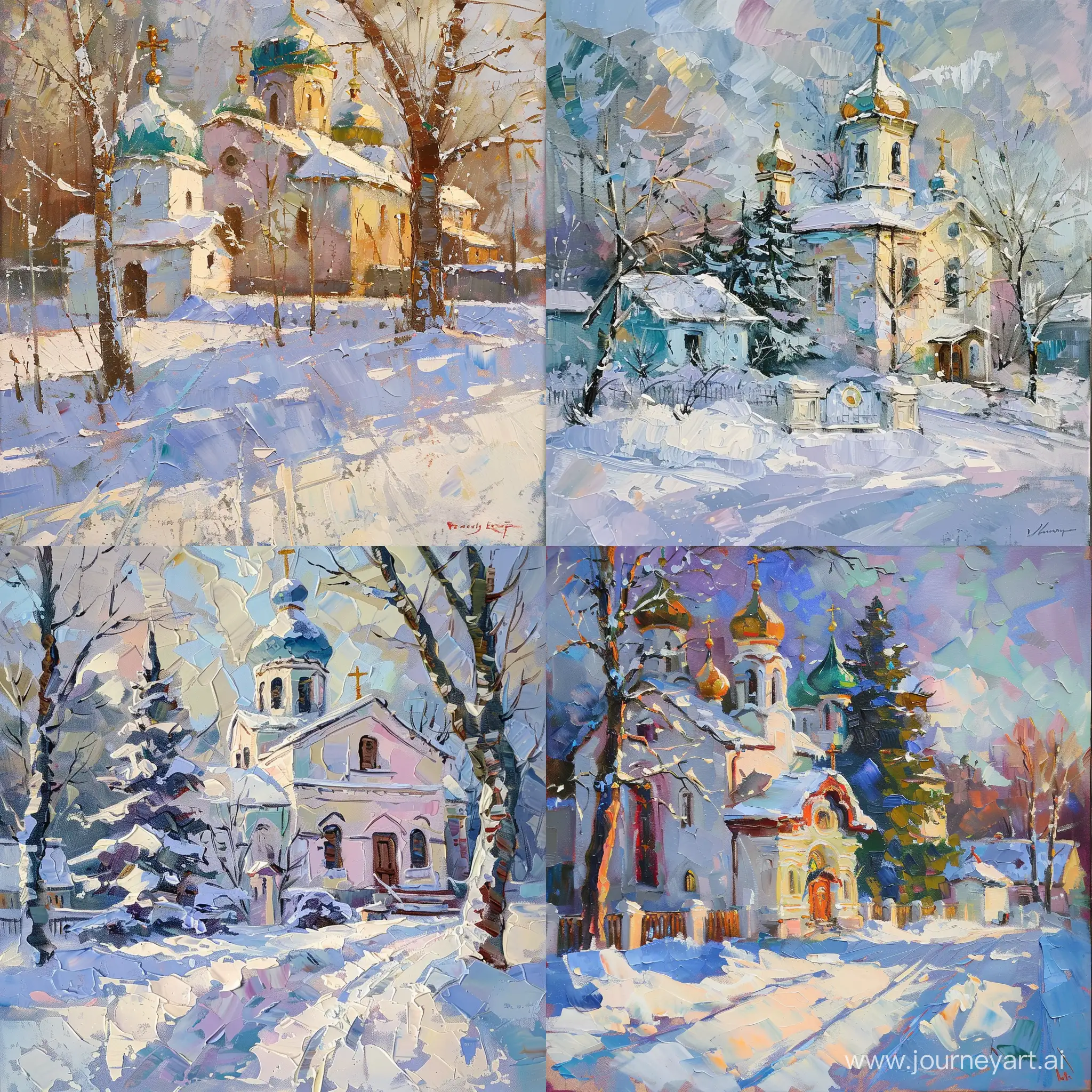 orthodox church impressionistic oil painting winter weather