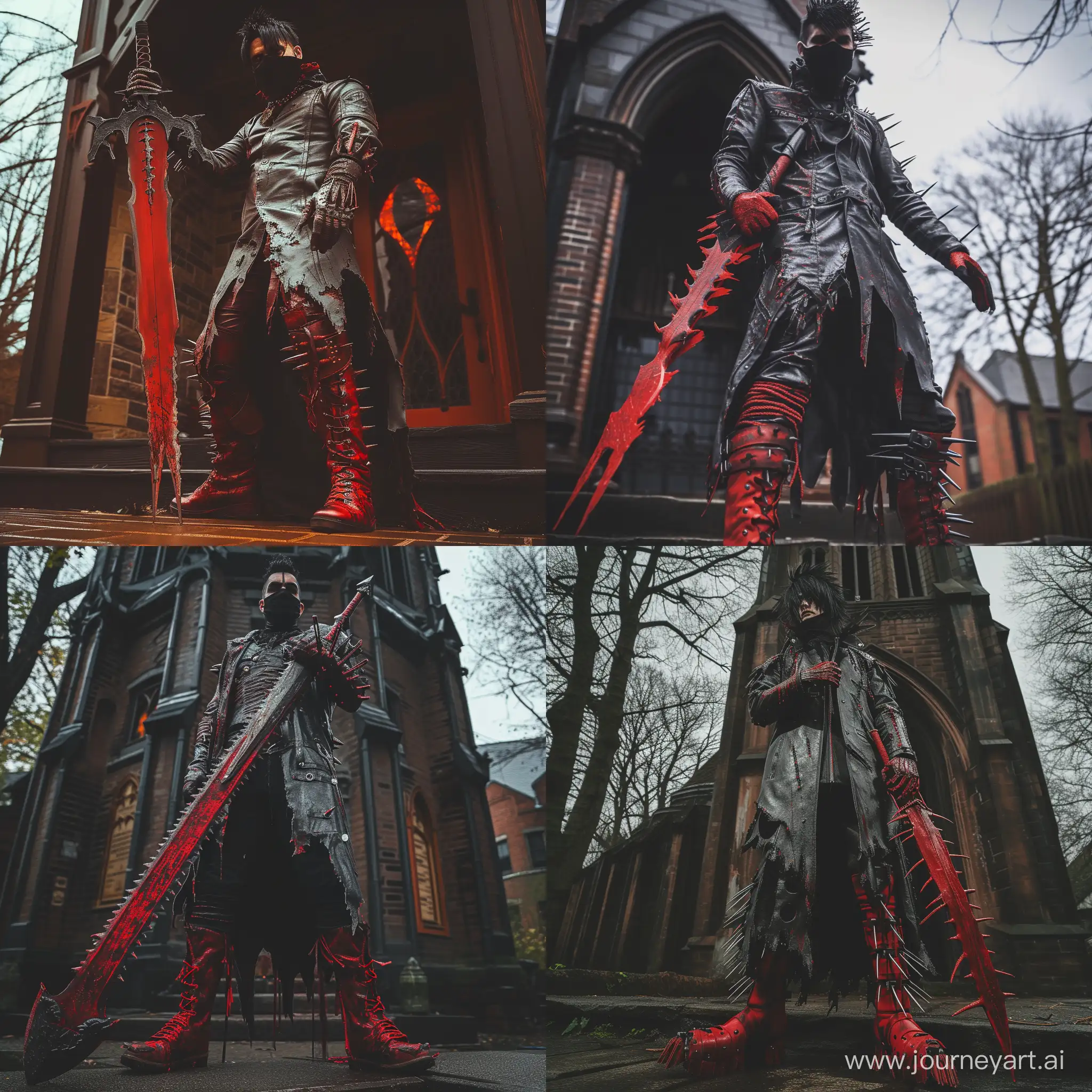 a man wearing, Blood-soaked leather coat with serrated edges, Fingerless gloves with venomous spikes, Fiery red boots equipped with retractable daggers, a black mask covering his mouth wielding a red blood colossal sword, standing outside of a gothic dark church,  bloodborne aesthetic, 1970's dark fantasy, detailed, cosmic horror, gritty, dark lighting, edgy