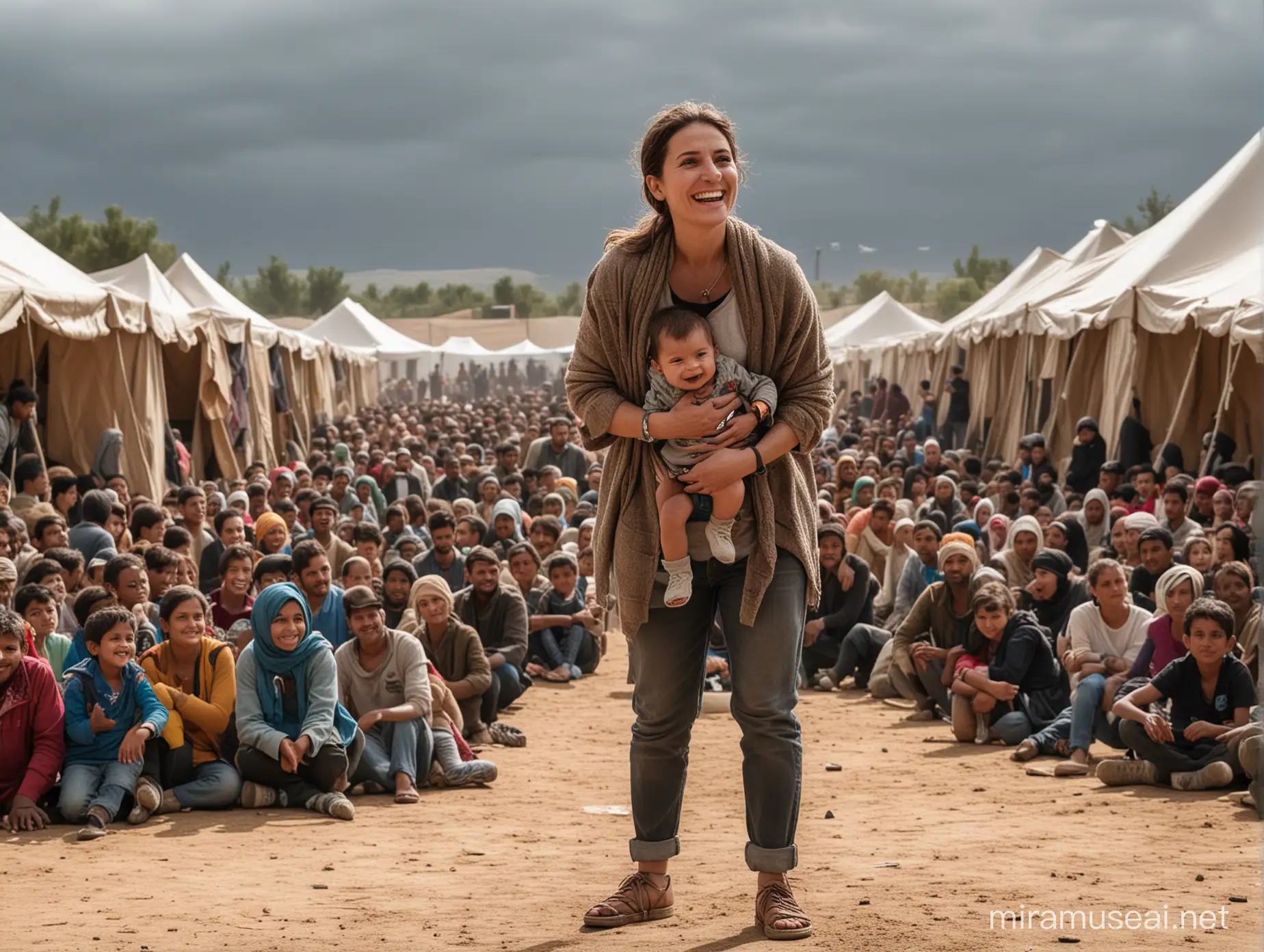 Uma Mulher e menino 5 anos, num palco de teatro, a olhar em frente, de pé, corpo inteiro, com um sorriso, no centro da cena de um campo de refugiados com tendas e alguns refugiados em volta. Um homem de costas a dirigir-se ao palco, e público sentado no teatro. 