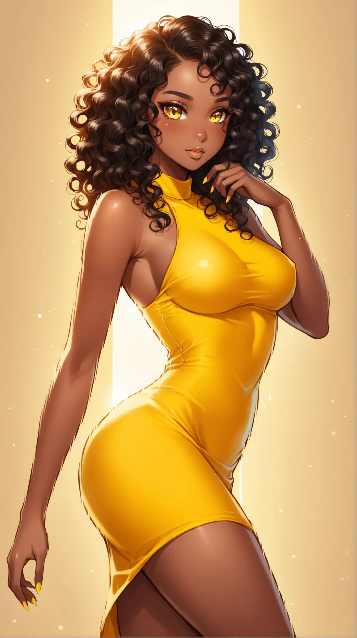 Ebony girl, curly hair, yellow eyes, wearing a tight yellow dress