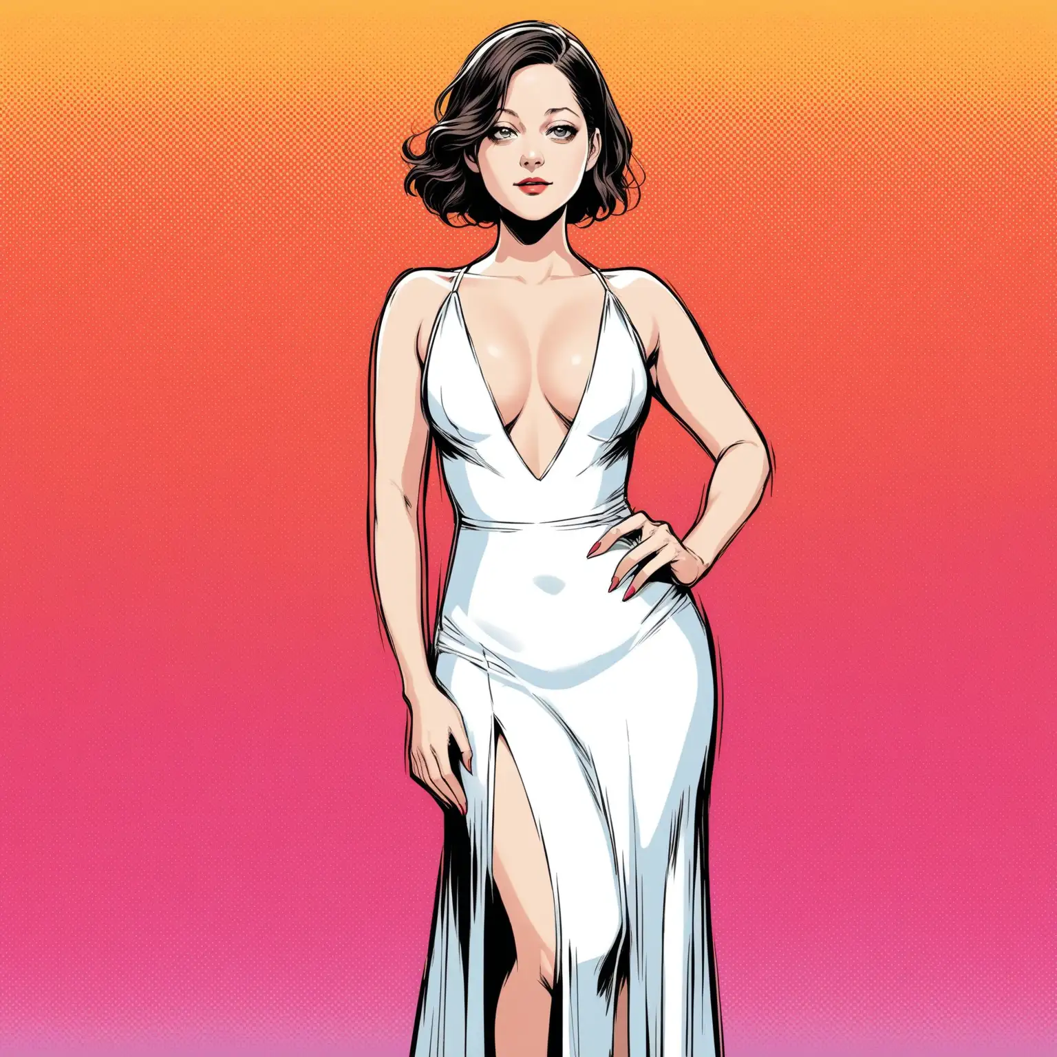 dans un style bande dessinée :
une femme elegante au trait de marion cautillard qui porte un robe courte blanche avec un decolté en v qui montre ses formes