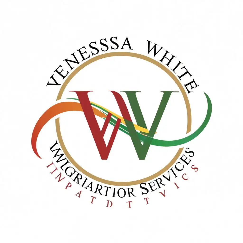 a logo design,with the text "Venessa White Immigration Preparator Services ", main symbol:VW,immigration,naturalization,red,yellow,green,Moderate,be used in Travel industry,clear background