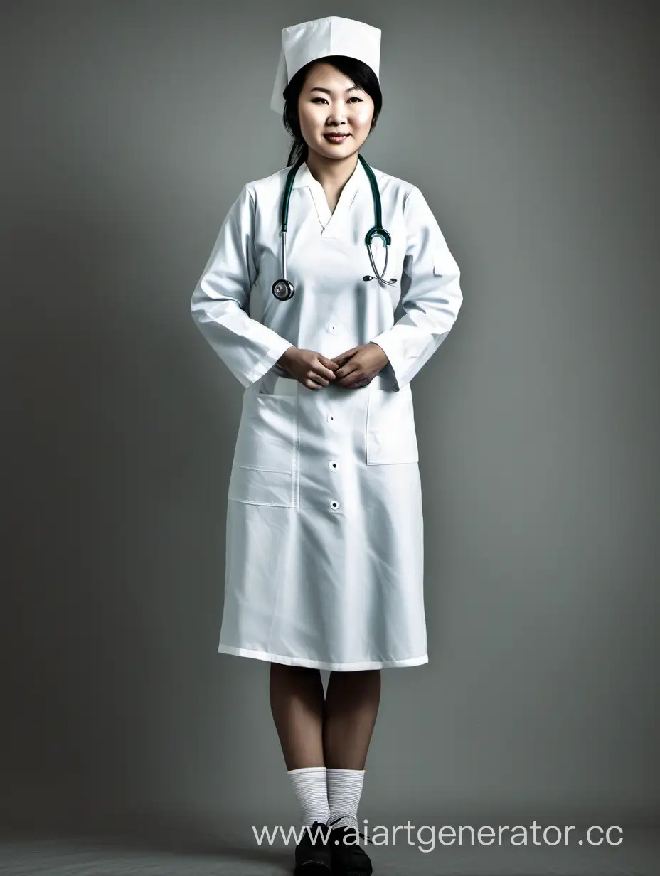 Молодая бурятская медсестра с голыми коленями и длинными рукавами, полный рост