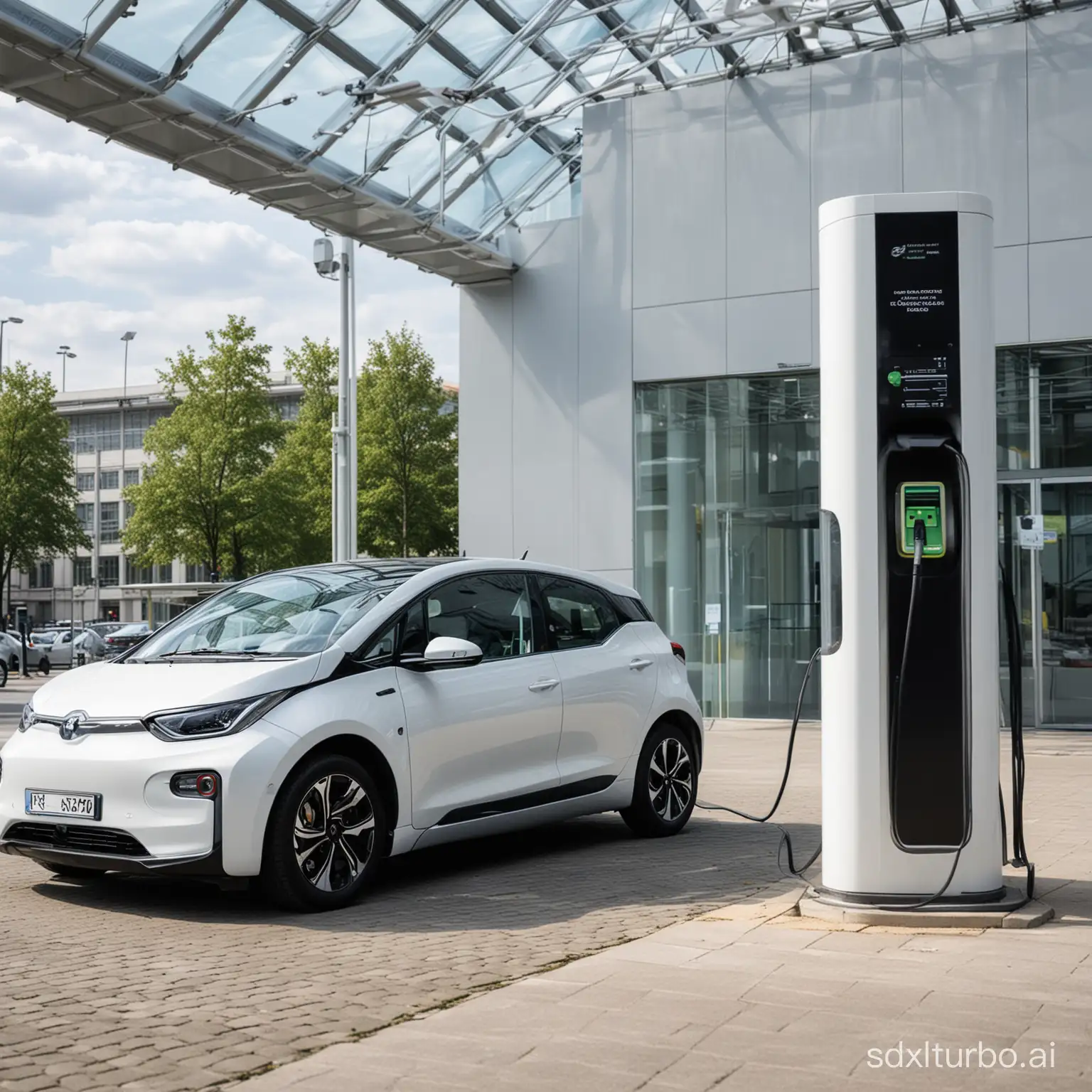 A new energy electric car, in a charging station, with a modern exhibition hall in the background.