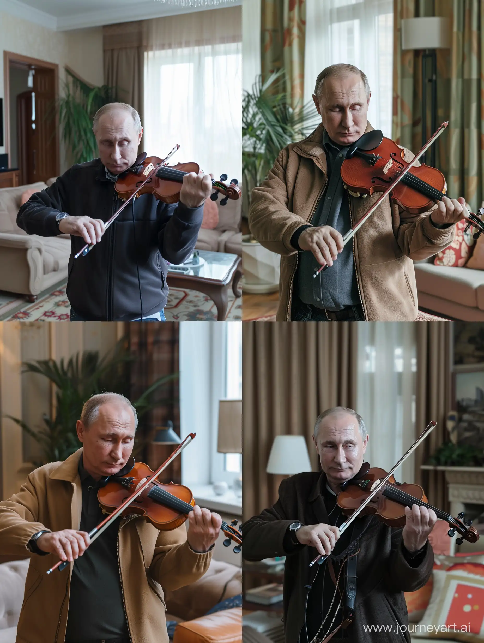 Phone photo of Vladimir Putin playing violin in a living room. He is facing the camera/ viewer. The photo was posted in 2018 on Reddit.