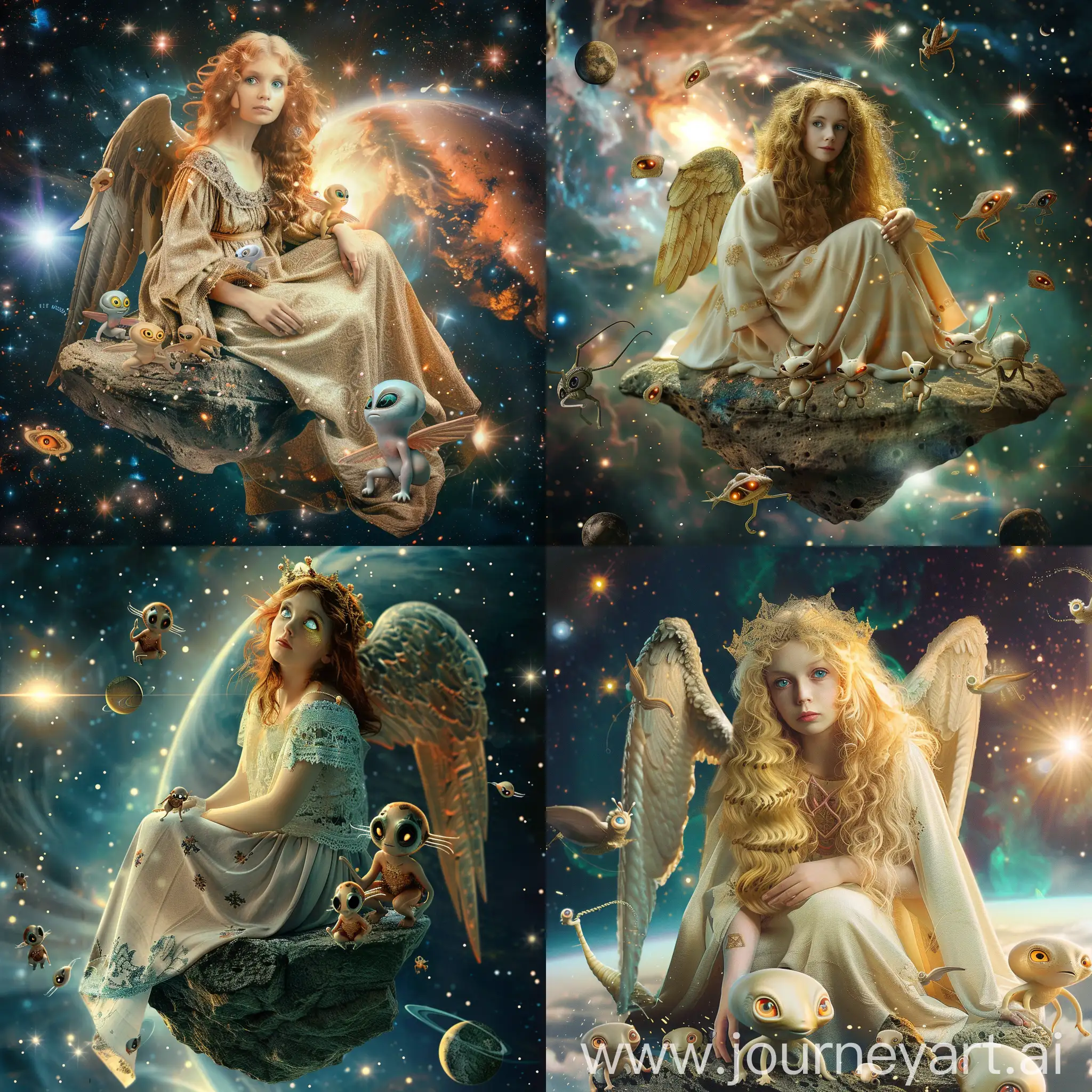 A beautiful medieval angel woman with beautiful eyes sitting on a floating rock in space surrounded by tiny cute aliens. Background is outer space and bright stars. Photographic