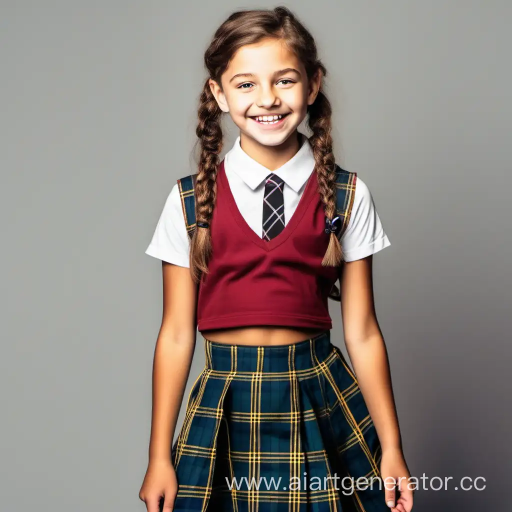 petite tween girl with braces on her teeth smiling and wearing a school girl outfit that has a crop top and tartan skirt