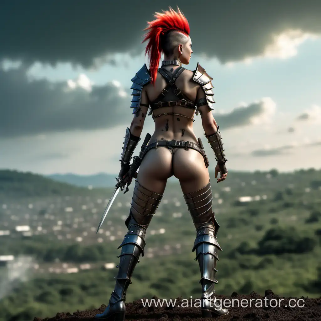 One bloody Amazon, with beautiful hips and a thin waist, in sexy light armor, with a female mohawk hairstyle, stands on a hill, with her back to the camera, looking at the field where an army of enemies is standing and is going to fight one against all