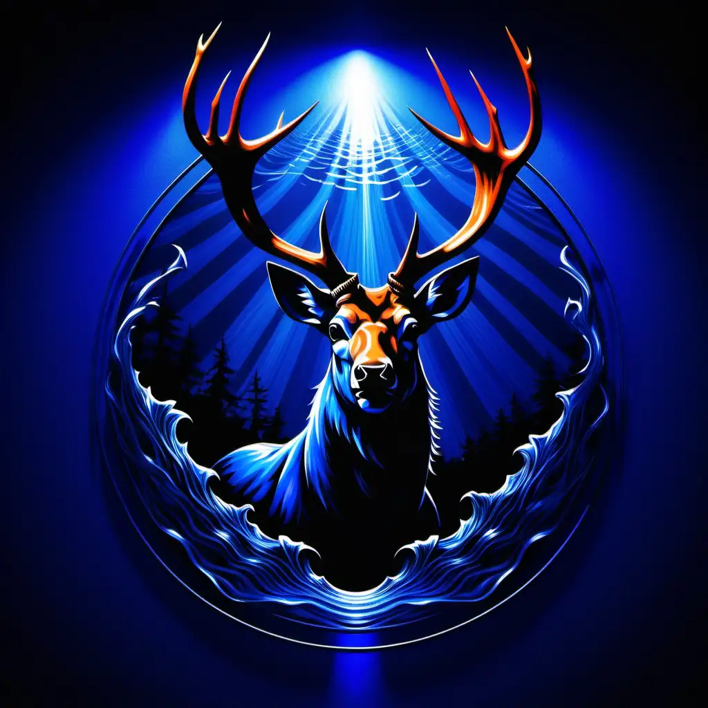 Start with a royal blue background to create a dramatic and bold setting. Place a silhouette image of a mounted deer head, shark, and bass fish at the center of the canvas. These could be abstract shapes or light streaks to create a visually striking effect.  Similarly, incorporate images of hunting gear, and fishing gear floating around the canvas. You can rotate and resize them to add variety and depth to the composition. add colors  royal blue and vibrant orange