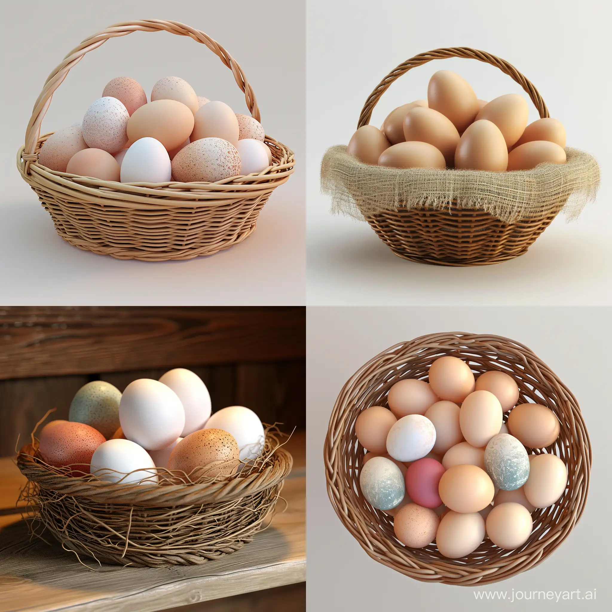 A beautiful basket of chicken eggs. 3D animation 