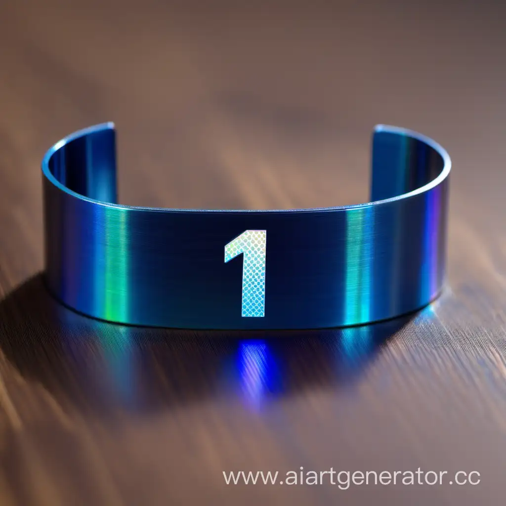 Плоский голографический браслет из металла синего цвета на столе. Видна внутренняя часть браслета с цифрой 1 внутри браслета