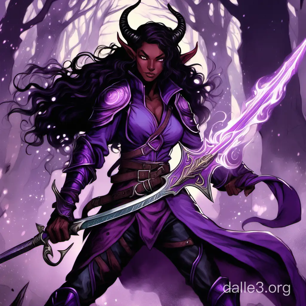 a tiefling fighter with long dark wavy hair, lavender skin, and purple eyes wielding an enchanted greatsword