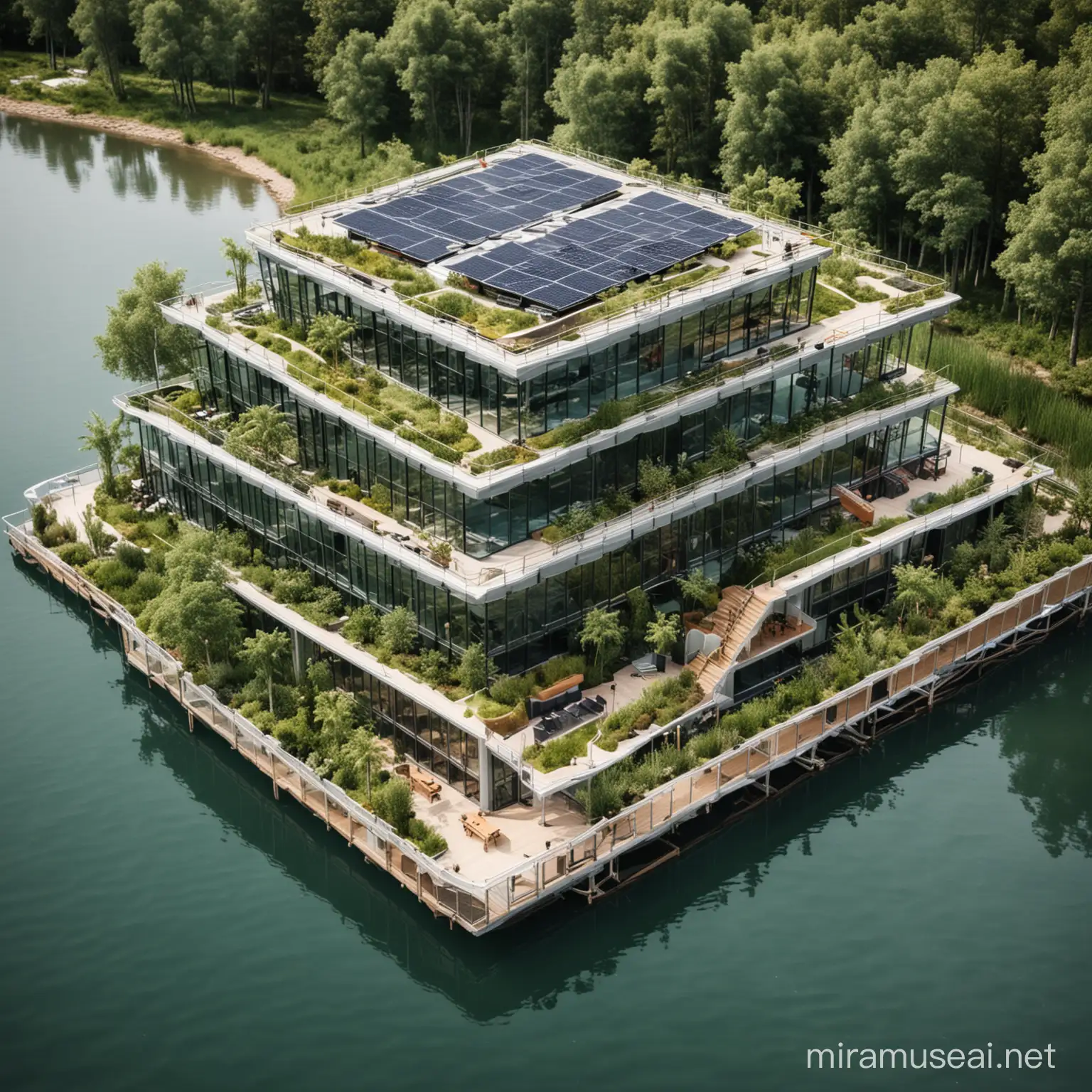 remote, 3 story, sustainability focused, roof solar integrated, green building with roof garden concept superstructure with eco-friendly materials for M.I.C.E events surrounded by part of a lake