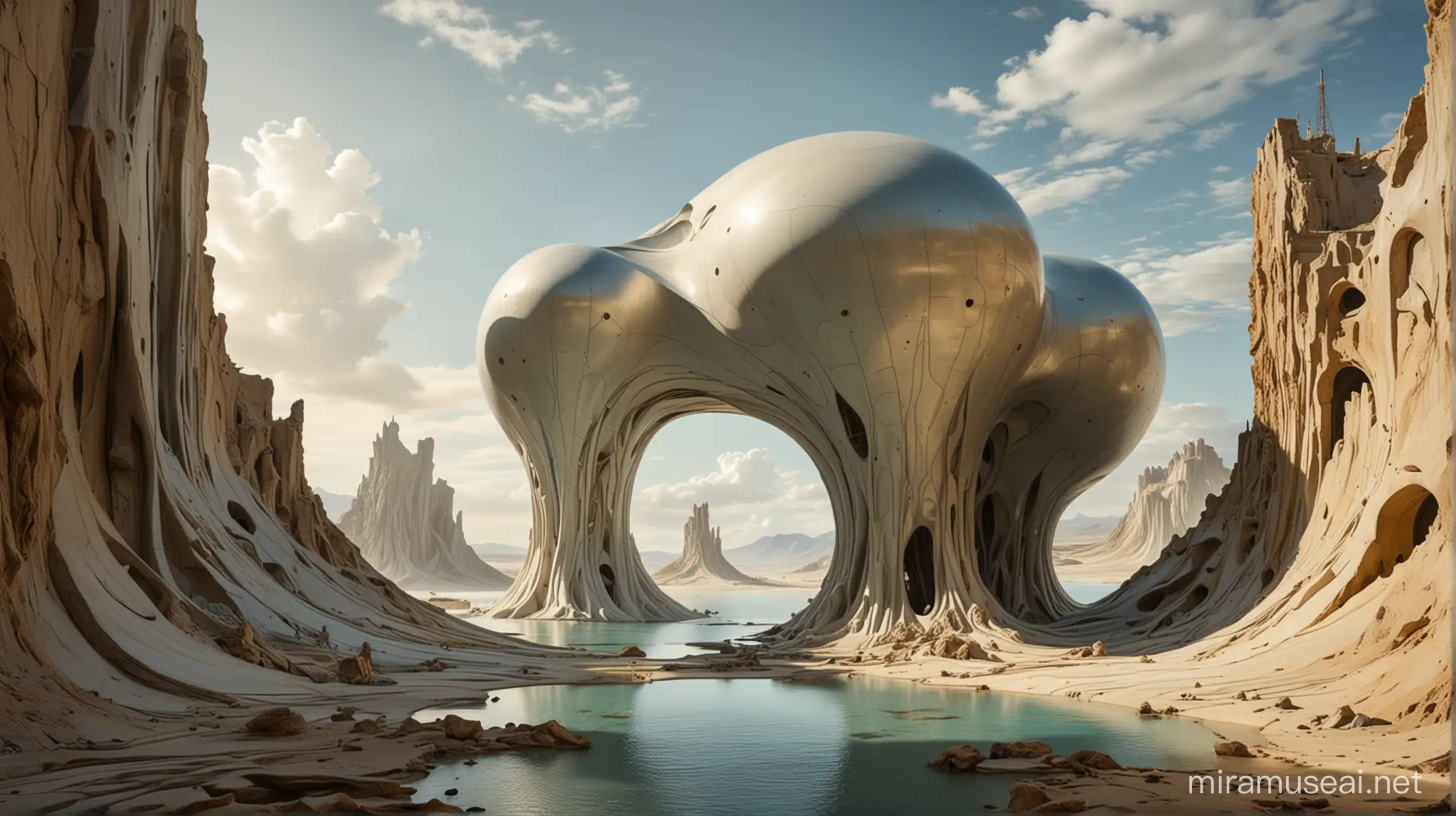 large abstract structures protruding out a surface in a dali-esque environment