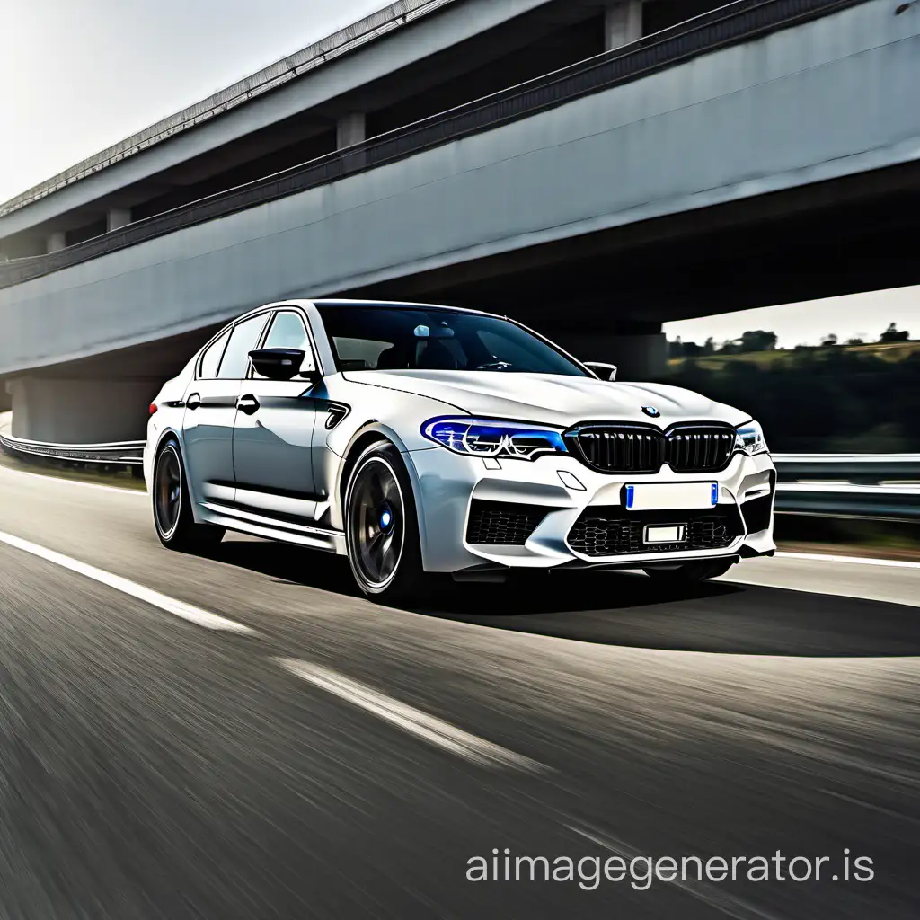 A white BMW M5 F90 is driving on the highway