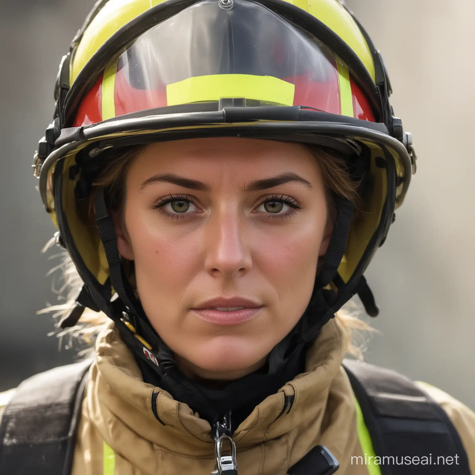 a female British firefighter. no helmet. face on view