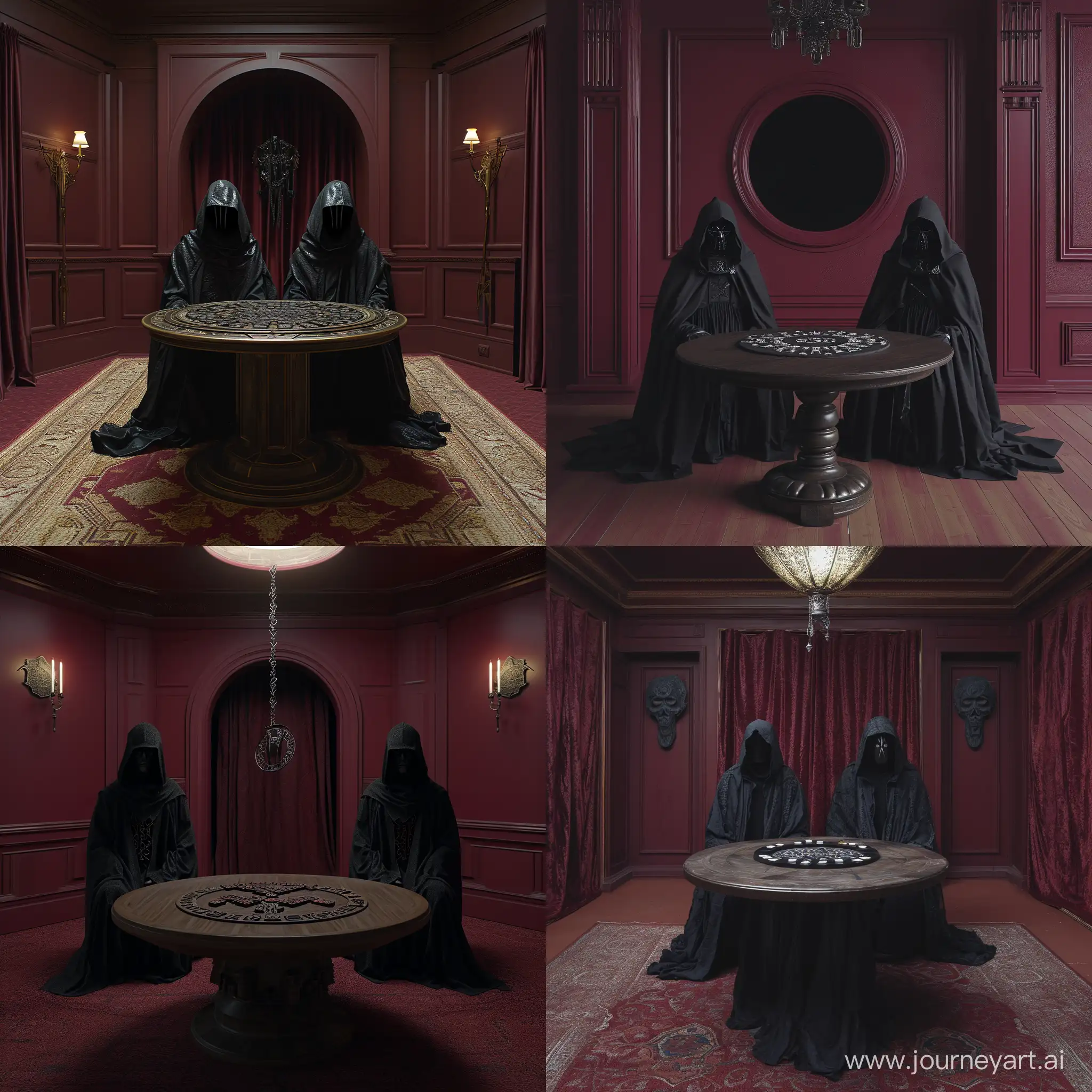 просторное бордовое помещение, в центре стоит круглый стол с рунами, за которым сидят две фигуры без лиц в черных плащах с капюшонами 

