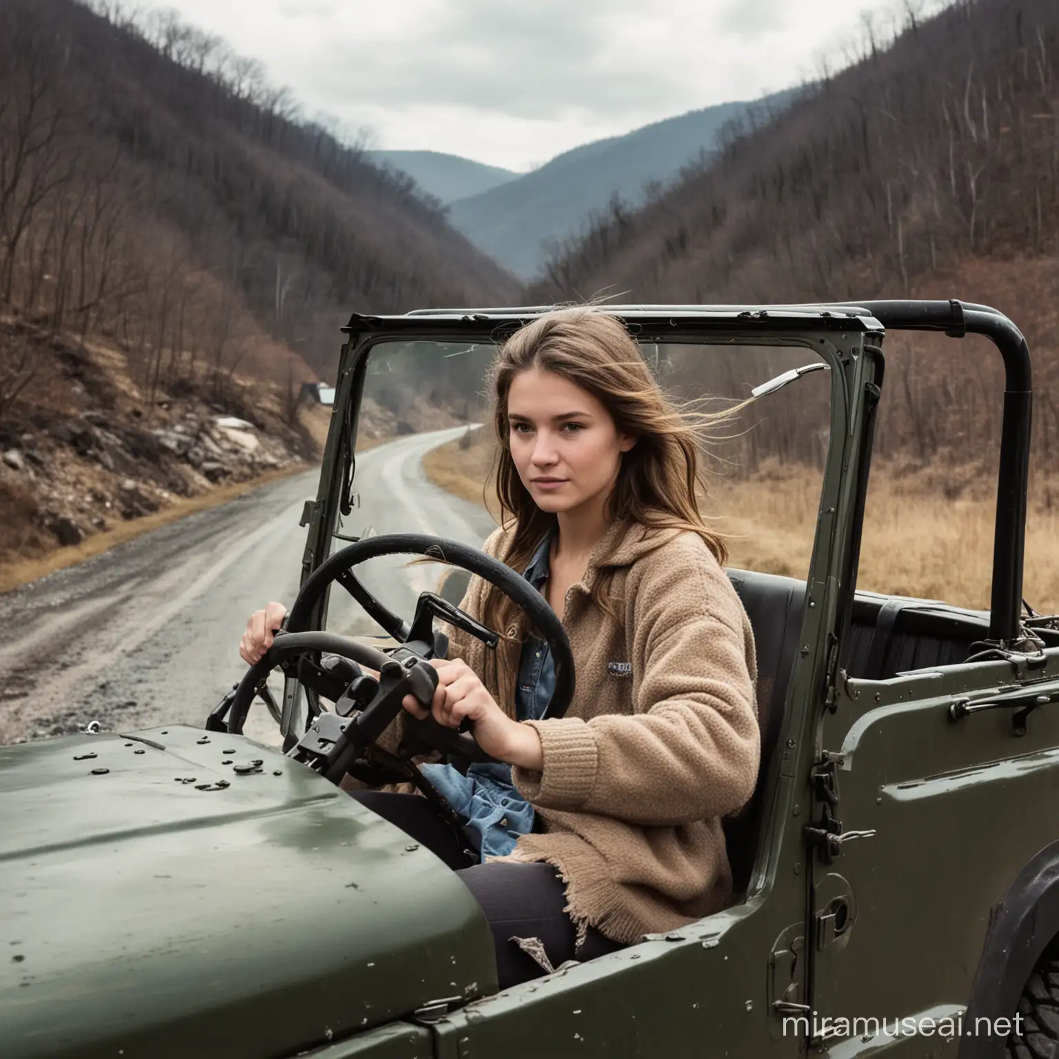 daughter  of the most powerful coal mine owner of the Appalachian mountains in his late 20s driving an open jeep