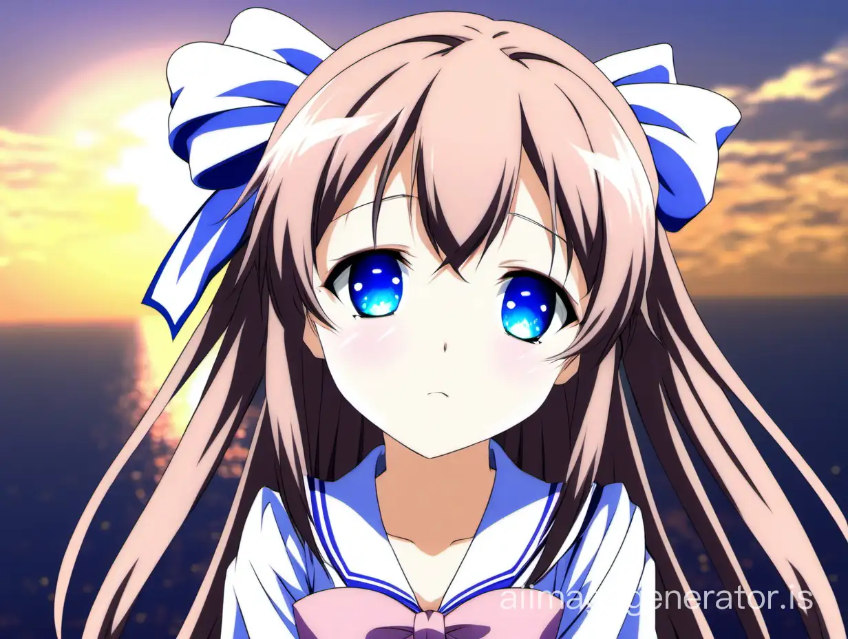 a young anime girl, aiyoku no eustia visual novel, subarashiki hibi visual novel, higurashi when they cry visual novel, monogatari series, monogatari anime, loli, loli girl, blue eyes, brown hair, sunrise, white hair bow, pink cheeks