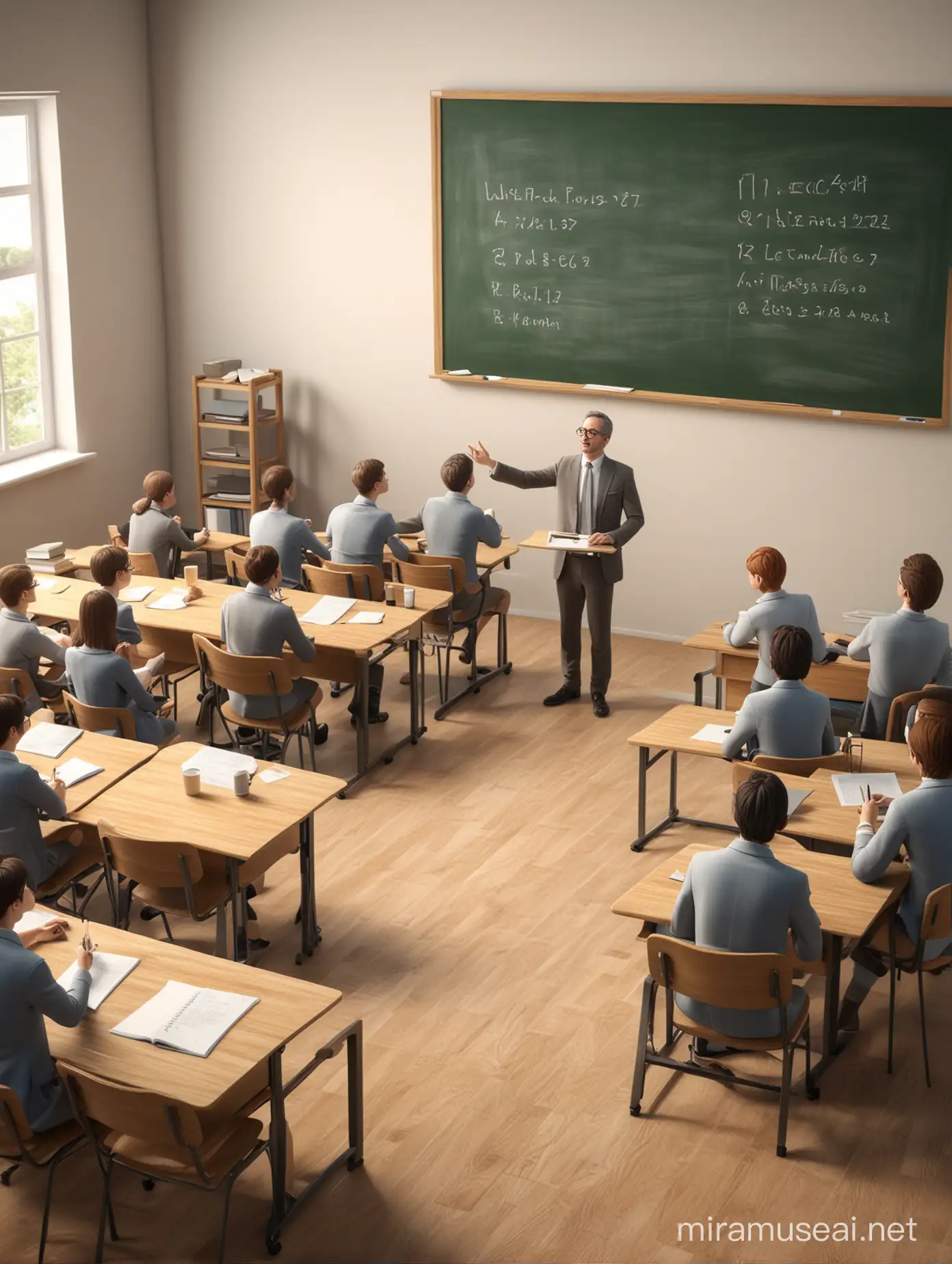 illustration of a lecturer teaching students in class, there is a blackboard on the table. The lecturer stood explaining the lecture material while the students sat in chairs complete with tables. 3d images, good image quality, high resolution
