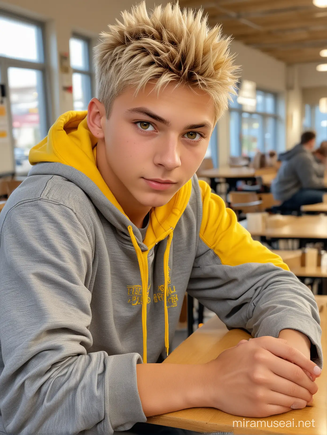 blond Very handsome,,boy,boy,18 years old,(beautiful vivid ocher-Brown eyes with 3D light reflection),back,athletic figure,detailed hands And fingers,tanned,blonde hair,athlete,golden blonde short cut with spiky hair  , dressed in gray jeans with a yellow hooded sweatshirt, sits at a table in the school cafeteria