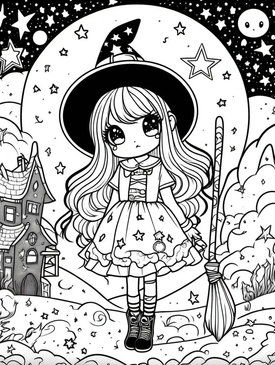 thick lines, coloring book, cartoon drawing, clean black and white, white background, sanrio inspired, witch, night sky, full moon stars, pastel goth, chibi, super kawaii